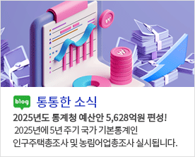 [ 통통한 소식 ]
2025년도 통계청 예산안 5,628억원 편성!
2025년에 5년 주기 국가 기본통계인 
인구주택총조사 및 농림어업총조사 실시됩니다.