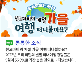 [ 통통한 소식 ] 
천고마비의 계절 가을 여행 떠나볼까요?
2023년 우리 국민의 월별 국내여행 경험률은 
9월이 56.5%로 가장 높은 것으로 나타났습니다.