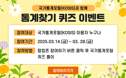 국가통계포털(KOSIS)과 함께 통계찾기 퀴즈 이벤트
참여대상 국가통계포털(KOSIS) 이용자 누구나
참여기간 2025.03.14.(금) ~ 03.28.(금)
참여방법 팝업존 참여하기 버튼 클릭 후 국가통계포털 퀴즈 풀이
참여하러가기