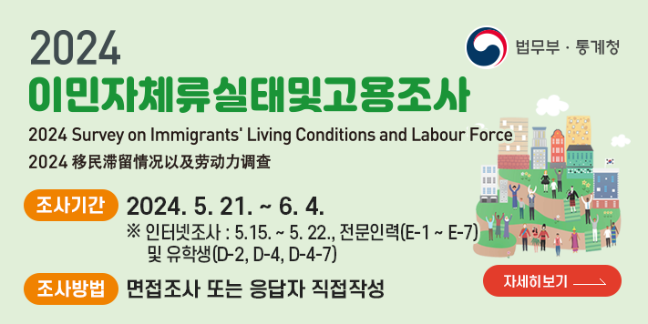 2024 이민자체류실태및고용조사
2024 Survey on Immigrants' Living Conditions and Labour Force
2024 移民滞留情况以及劳动力调查
- 조사기간 : 2024. 5. 21. ~ 6. 4.※ 인터넷조사 : 5.15. ~ 5. 22., 전문인력(E-1 ~ E-7)및 유학생(D-2, D-4, D-4-7)
- 조사대상 : 면접조사 또는 응답자 직접작성
- 조사기관 : 법무부·통계청