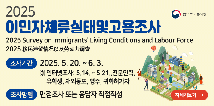 2025년 이민자체류실태및고용조사 실시2025 Survey on Immigrants' Living Conditions and Labour Force2025 移民滞留情况以及劳动力调查- 조사기간: 2025. 5. 20. ~ 6. 3. * 인터넷조사: 5.14. ~ 5.21., 전문인력, 유학생, 재외동포, 영주, 귀화허가자- 조사방법: 면접조사 또는 응답자 직접작성- 조사기관: 법무부·통계청자세히보기