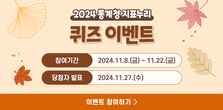 2024 통계청 지표누리
퀴즈 이벤트
참여기간 : 2024.11.8.(금) ~ 11.22.(금)
당첨자 발표 : 2024.11.27.(수)
이벤트 참여하기